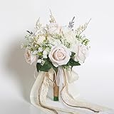 EZsenses Wedding Bouquets for Bride Bridesmaid, White Champagne Artificial Roses Flowers with Ribbon Bow for Wedding Prom Church Decoration, Ceremony, Anniversary (8in)