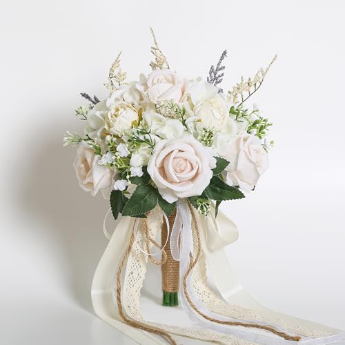 EZsenses Wedding Bouquets for Bride Bridesmaid, White Champagne Artificial Roses Flowers with Ribbon...