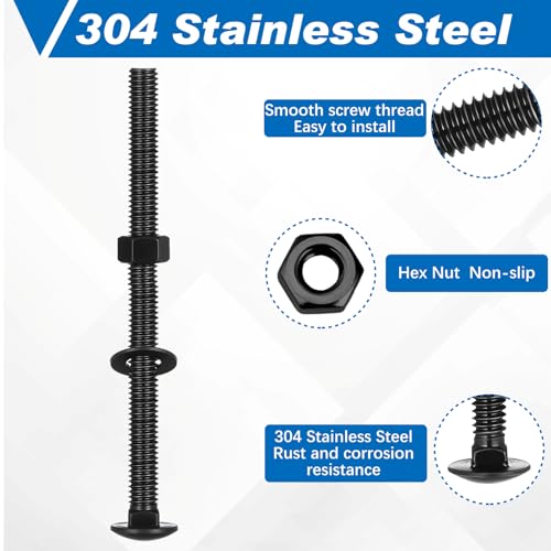 Image of Zonon 25 Sets 1 /4-20 x 4 Stainless Steel Carriage Bolts and Nuts Kit Round Head Square Neck Carriage Bolts Screws and Hex Nuts and Flat Washers, Stainless 18-8 Full Thread Coverage (Black)