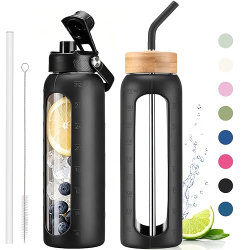 Image of 32 oz Glass Water Bottle with Straw - 2 Lids (Bamboo & Spout Lid), 1L Motivational Borosilicate Glass Daily Water Intake Bottle with Time Marker, Silicone Sleeve for Home Office-Black