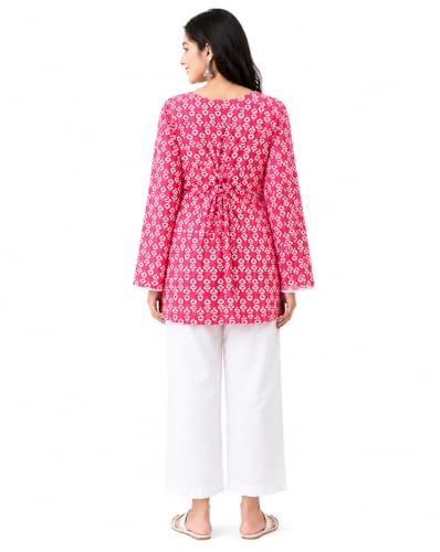 Image of Khoaai Cotton Print Short Kurti for Women | V- Neck Long Sleeve Top for Women | Criss Cross Back Desing Kurti | Relaxed Fit | Casual and Office Wear
