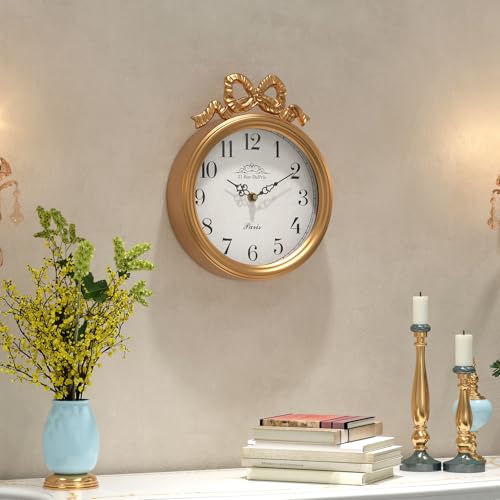 French Small Wall Clock with Bow, Vintage Gold Boho Style - Image 4