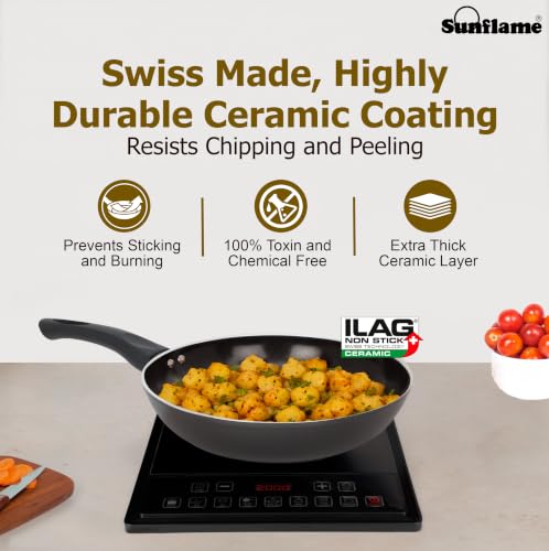 Image of Sunflame Ceramic Non-Stick Fry Pan 24 cm with Glass Lid | No PFOA, PFAS, PTFE | Induction and Gas Stove Compatible | 2 Year Warranty by Sunflame | Requires Less Oil, Easy to Clean, Prevents Burning