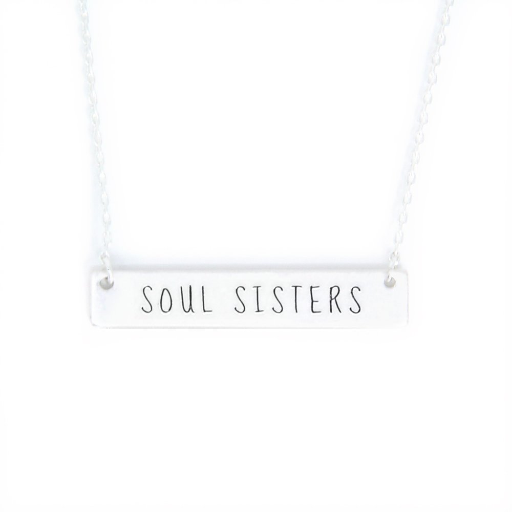 Me Plus Inspirational Horizontal Engraved Bar Pendant Necklace Soul Sisters silver