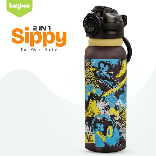 Image of BAYBEE 2 in 1 Baby Sipper Bottle for Kids | Anti-Spill BPA Free Baby Water Bottle with Silicone Straw & Carry Handle | 900 ML Drinking Water Bottle for Kids Toddlers 12+ Months Boys Girls (Black)