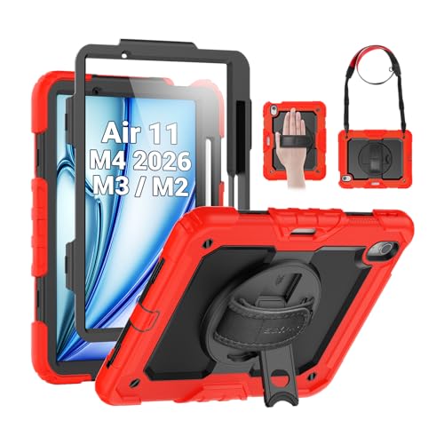 Image of SEYMAC Case for iPad Air 11 Inch M4 / M3 / M2 (2026 /2025 / 2024), Heavy Duty Shockproof Protective Case with Screen Protector, 360 Rotating Stand and Hand /Shoulder Strap, Red