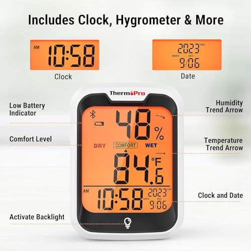 Image of LABART ThermoPro TP358 Bluetooth Thermometer for Room Temperature with Built-in Clock, Smart Temperature Sensor and Humidity Meter with Backlit, 260Ft Indoor Thermometer with Data Storage Export