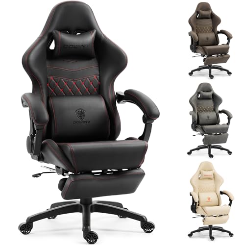 Dowinx Gaming Stuhl ergonomisch mit zweistufig ausziehbarer Fußstütze, Massage-Lendenkissen, Gaming Chair mit Bürokomfort für langes Sitzen, bis 200 kg belastbar, Rückenlehne 165°, Schwarz