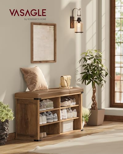 Image of VASAGLE LIRY Collection - Shoe Storage Bench with Removable Cushion, Shoe Rack with Padded Seat, Entryway Bench with 6 Open Compartmens, Adjustable Shelves, Honey Brown ULSB105K01