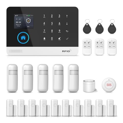 PGST WiFi Alarm System,2.4″ Screen Home Security System,24 Pieces Wireless Door Alarm Kits,SOS Button,Loud Siren,4G SMS/Call and Phone APP Alerts for Home,Villa,Apartment,No Subscription Fee