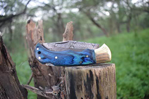 100% Handmade Damascus Pocket Knife For Men & Knife Sharpener | Camping Knife | Folding Knife With Back Lock & Pakka Wood Handle | Bushcraft Knife For Fishing, Camping, Hiking, Edc Knife |Hunting Knife With Leather Knife Sheath #TOP2