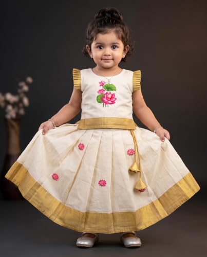 Image of Stanwells Kids Baby Girl Dress Cream Gold Pattu Pavadai Cotton Silk Lehenga Choli Kerala Kasavu South Indian Onam Festival Traditional Ethnic Wear