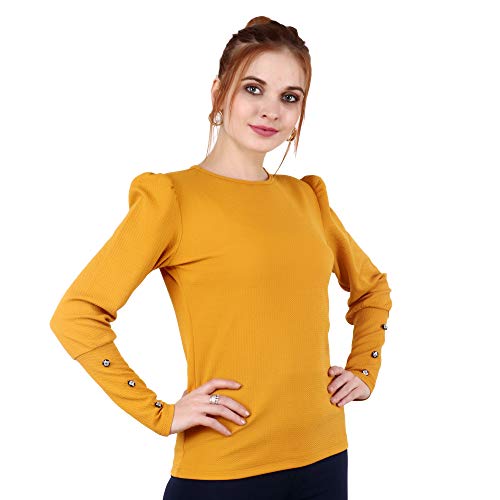 Image of POPWINGS Casual Solid Puff Button Long Sleeves Tops for Women || Summer Round Neck and Stylish Western Top for Women