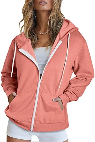 Hooded Sweatshirt Jacket for Women Long Sleeve Solid Color Drawstring Full-Zip Track Jacket Outerwear with Pockets Pink L