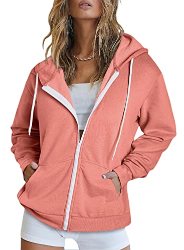 Hooded Sweatshirt Jacket For Women Long Sleeve Solid Color Drawstring Full-Zip Track Jacket Outerwear With Pockets Pink L #TOP21