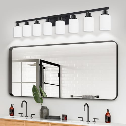 Image of 8-Light Bathroom Light Fixtures Over Mirror Black Vanity Light 52in | White Frosted Ribbed Glass Shade Modern Matte Black Vanity Lights Bathroom Wall Lamp Sconces for Mirror E26 Base