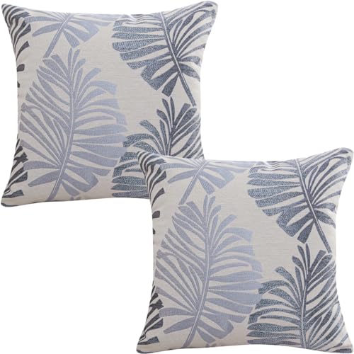 Tennove Cushion Covers 50x50cm Cotton Linen & Velvet Soft Throw Pillow Covers Set of 2 Decorative Tropic Leaf Pattern Square Cushion Cases Pillowcases for Couch Sofa Home Décor, Blue