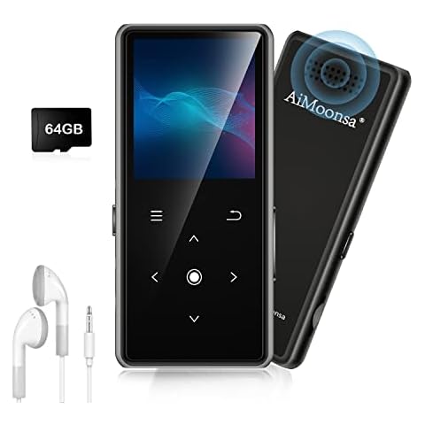 64GB MP3 Player with Bluetooth 5.2, AiMoonsa Music Player with Built-in HD Speaker, FM Radio, Voice Recorder, HiFi Sound, E-Book function, Earphones Included Cover