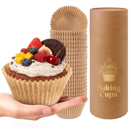 Bake Baddies 4.2" Jumbo Muffin Liners, Unbleached Parchment Baking Cups, Non-Stick Greaseproof for Kodiak Pans, Reusable 5-in-1 Cardboard Tube (Brown, 50-Pack)