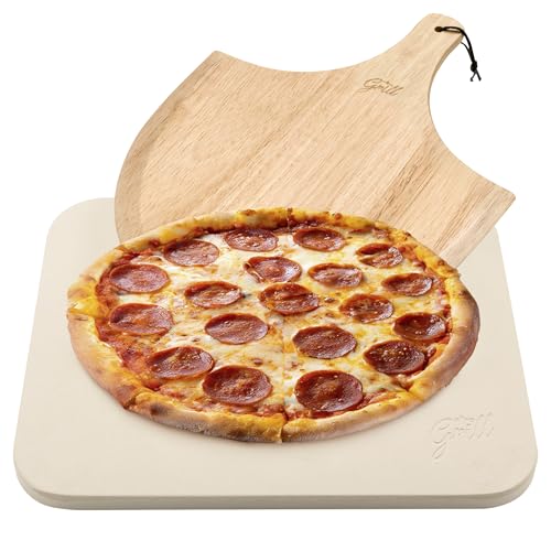 HANS GRILL PIZZA STONE | Rectangular Pizza Stone For Oven Baking & BBQ Grilling With Free Wooden Peel | Extra Large 15 x 12' Inch Durable Cordierite Cooking Stone.