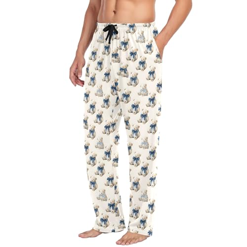 Mens Cotton Pajama Pants Sleep Lounge Pj Bottoms Sleepwear with Pockets Drawstring S Bow Bears4