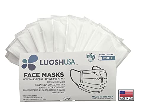 Luosh Face Masks Disposable Made in USA, 3 Ply Disposable Masks 50pcs,Adult Mask, Kids Mask, Black Masks, White Masks