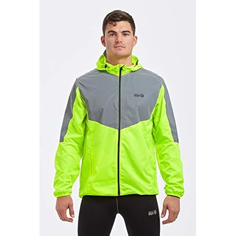 Men's Running Jacket With Hood - Windproof Reflective High Vis & Lightweight - Ideal For Outdoor Sports Medium Lime/Silver Cover