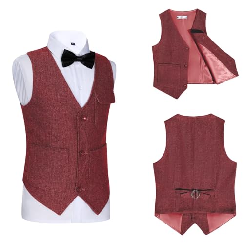 Image of Retro Boys Tweed Vest for Kids Formal Dress Herringbone Suit Vest for Toddler Boy Wedding Waistcoat