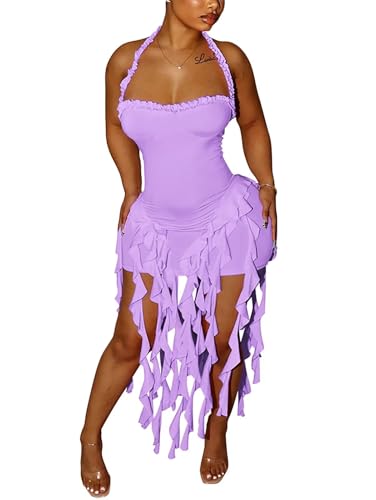 Image of Aro Lora Womens Sexy Halter Neck Sleeveless Ruffle Tassel Party Club Bodycon Mini Dress