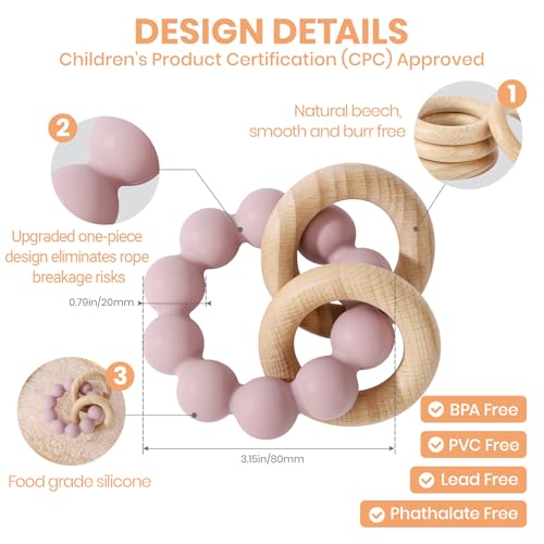 Image of Socub Baby Teething Toys for 0-6 6-12 Months- BPA-Free Food-Grade Silicone & Natural Beech Wood Teether Ring for Newborn Infants Teething Relief- Easy-Grip Sensory Rattle Toys(Dusty Lilac)