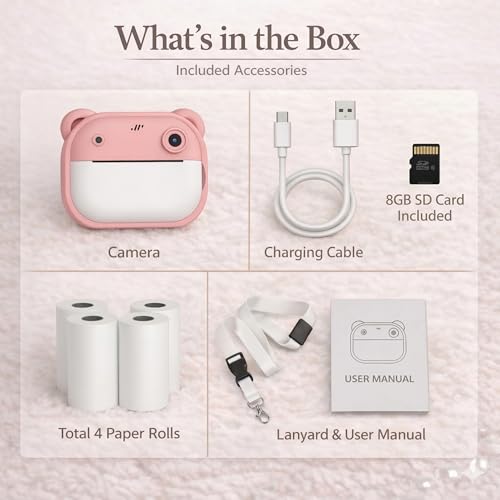 Image of Instant Print Camera 48MP | Photo & Video, Creative Game for Kids Mini LED Digital 1080P HD Display | Long Lasting Battery Life, Ideal Gift for Birthday, Boys & Girls (8 GB SD Card + 4 Rolls)