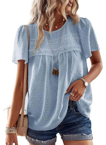 TUUHAW Top Damen Sommer Boho Bluse Kurzarm Oberteile Fließend Elegant Rundhals T Shirt Tunika Lässig Outfits Spitze Kleidung