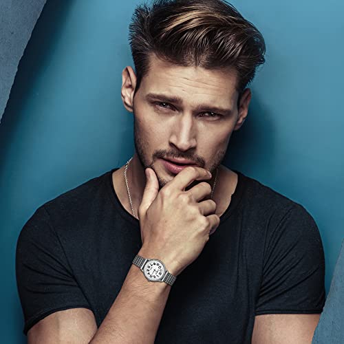 Jewelrywe Mens Big Dial Easy Reader Quartz Watch, Gold/Silver Tone Elastic Band Wristwatch, For Fathers Day #TOP3
