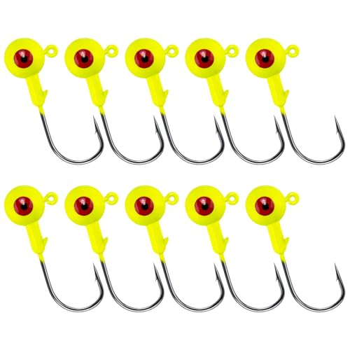 Alwonder 10-Pack Round Fishing Jig Heads, Bass Ball Jigs 3D Eyes High Carbon Steel Hooks Bass Lures Jig Heads Freshwater Saltwater Surf Fishing Jigs for Walleye Striper Pompano, Yellow-1/4oz