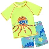 Achiyi Toddler Boy Two Piece Swimsuits Quick Dry UPF 50+ Rash Guard Set Swimwear Beach Swim Trunks and Shirt for Kids Yellow Octopus 2XL 5-6Y