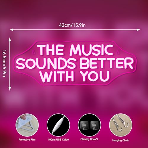 NOSUN The Music Sounds Better with You Neon Sign Romance Neon Signs for Wall Decor Led Neon Sign Aesthetic Room Decor for Teen Girls Neon Lights Signs for Bedroom Salon Party Pink Light — view 4