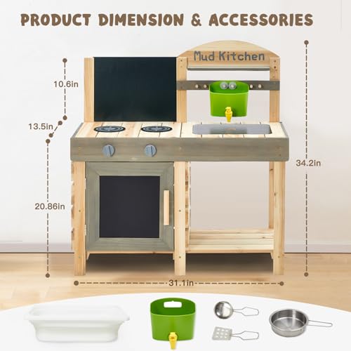 Mud Kitchen for Kids, Outdoor Wooden Pretend Play Kitchen with Removable Sink, Faucet, Storage Shelves, Backyard Garden Toddler Kitchen Playset with Blackboard, Kitchenware, Stove, Gift for Boy Girl