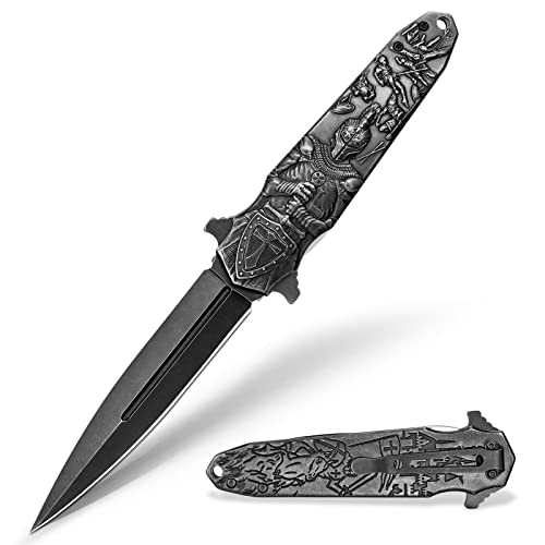 LOTHAR Crusaders Klappmesser, Scharfe Taschenmesser Outdoor, 3D Retro Prägemuster Outdoor Messer mit G10 Griff, Survival Messer, Geschenk