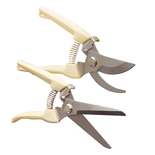 Pruning Shears Garden Scissors Trimming 2 Pack Steel Stainless Garden Shears (1 Curved Blades Garden Clippers and 1 Straight Blades Garden Shears), Pruning Scissors Gardening Tools - Beige