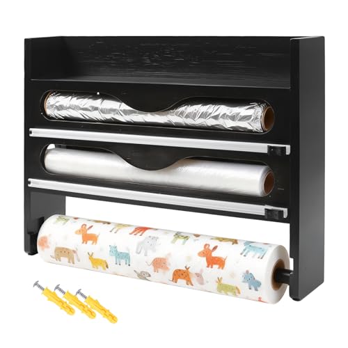 Gemsaya Dispensador de papel de aluminio y película adhesiva con soporte para rollo de cocina, dispensador de envoltura 4 en 1 con cortador, estante organizador de papel de cocina de bambú de montaje