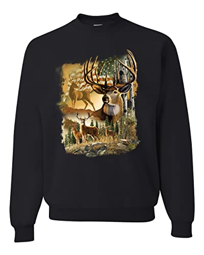Wild Bobby Deers in Mountains Patriotic American Flag Hunting Animal Lover Unisex Crewneck Graphic Sweatshirt