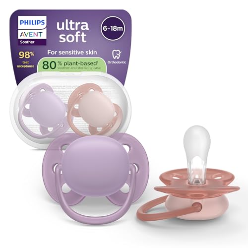 Philips Avent chupetes ultra soft: diseño anatómico, para bebés de 6 a 18 meses, escudo flexible, tetina simétrica de silicona, sin BPA, funda esterilizadora, paquete de 2, SCF091/43