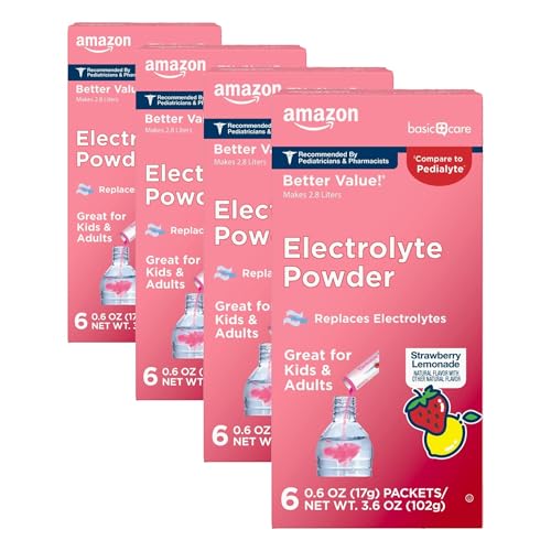 Image of Amazon Basic Care Electrolyte Powder Packets, Strawberry Lemonade, 6 Count (Pack of 4)