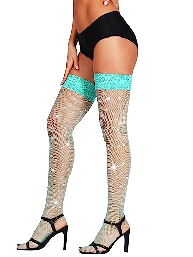 Image of SUREPOCH Sparkly Rhinestone Fishnet Thigh High Stockings for Women Silicone Lace Top
