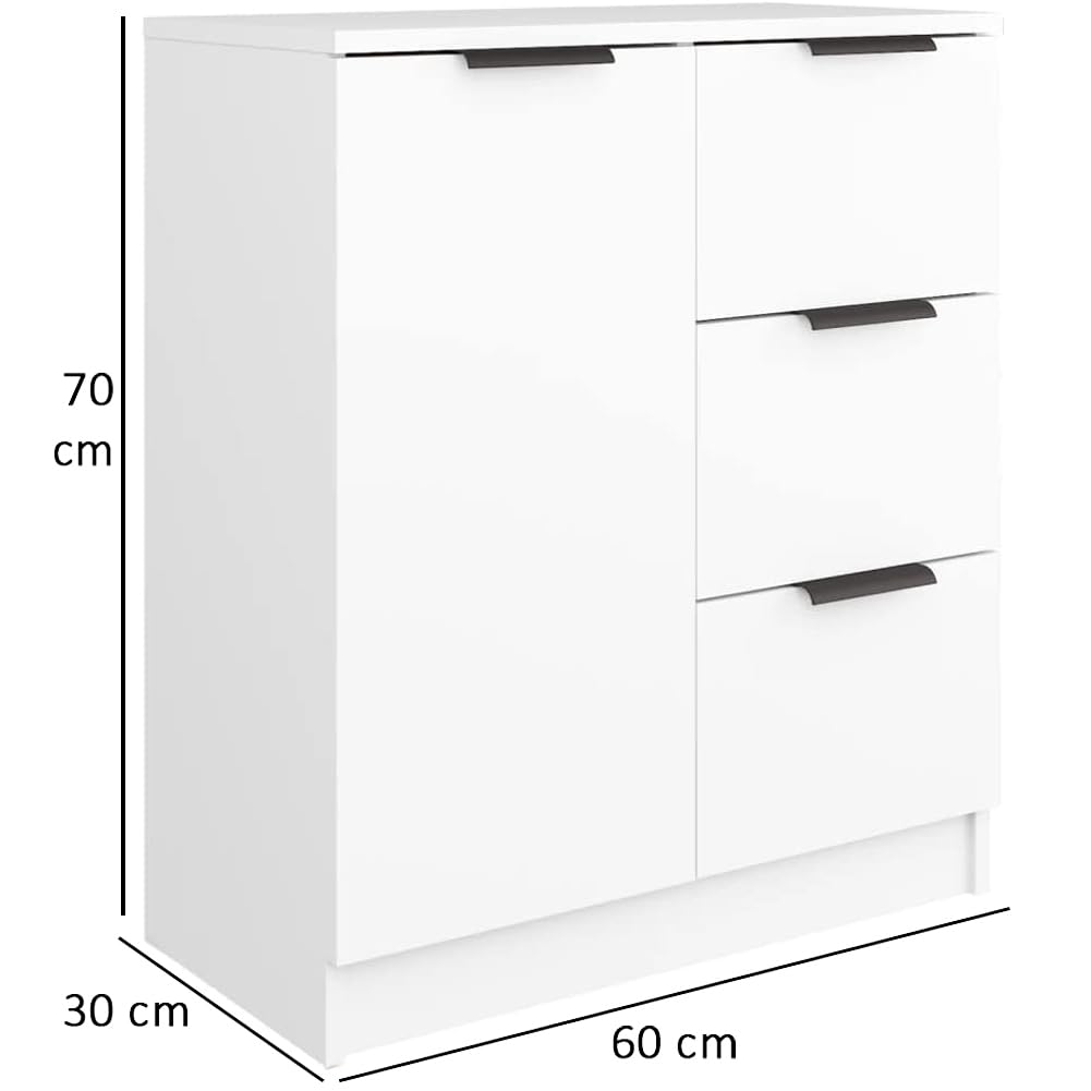 Shally Dogan Credenza in Legno Bianco con 1 Anta 3 Cassetti, Cassettiera Console Salvaspazio, Madia Multiuso Ideale per Ingresso, Soggiorno, Bagno, Ufficio, Maniglie Metallo, 60 x 30 x 70 cm (Bianco)