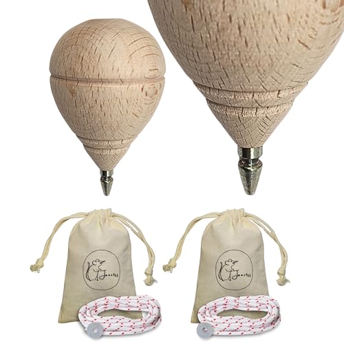 Janster- Pack de 3 o 2 Trompos de Madera de Haya con Bolsa para Regalo -Juego Manual para Niñas con Punta Metal- Pack Peonzas clásicas de Madera (Pack DE 2 con Punta BOLI)