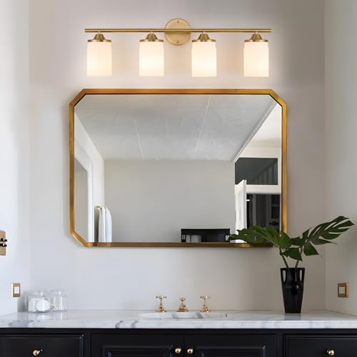 Image of Jonsi Gold Bathroom Light Fixtures 4-Light Vanity Lights Modern Wall Sconce with Milk White Shade Brushed Brass Bathroom Light Fixture Over Mirror for Bedroom Hallway Kitchen