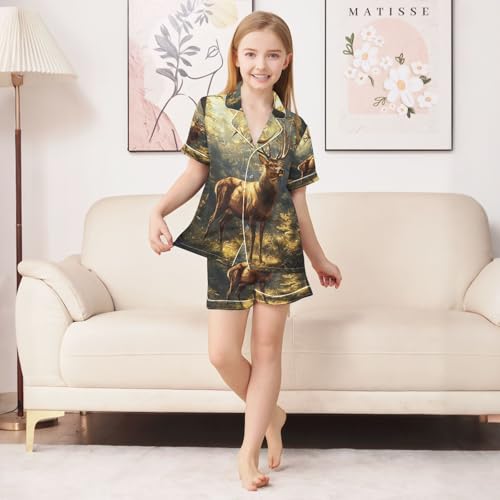 ALAZA Deer Tree Sun Animal Satin Pajamas Set Short Sleeve Button Down Sleepwear Summer Pjs 2 Piece3