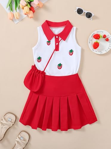 Image of Girls 2 Piece Outfit Preppy Strawberry Graphic Sleeveless Polo Shirt and Pleated Skirt Set with Crossbody Bag
