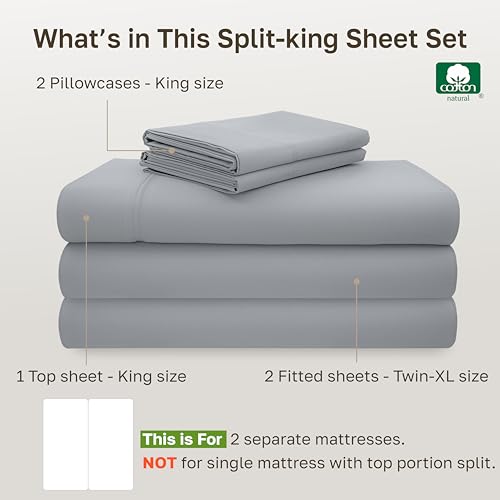 Image of California Design Den Split King Sheet Set - 100% Cotton, 600 Thread Count, Breathable Luxury King Size Sheets for Adjustable Bed, Luxury Hotel-Quality Sheets with Soft Sateen Weave - Light Grey